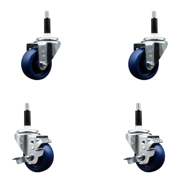 3'' Solid Poly Wheel Swivel 7/8'' Expanding Stem Caster Set 2 Brakes, 4PK